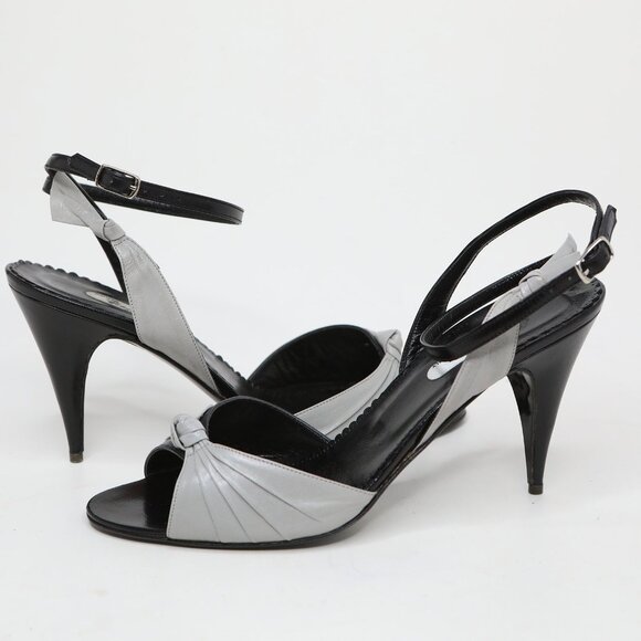 Vintage Cristin Leather Black Grey Two-Tone Ankle Strap Peep-Toe Sandals Pumps - Picture 10 of 14